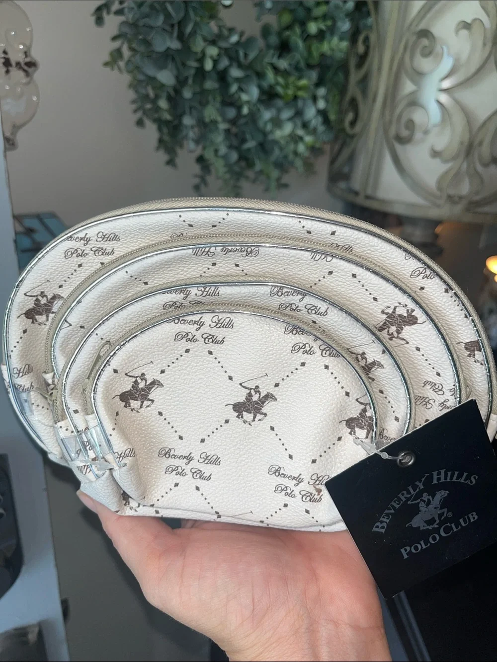 Beverly Hills Polo Club Cream and Black Logo Cosmetic Pouch Set Giftable